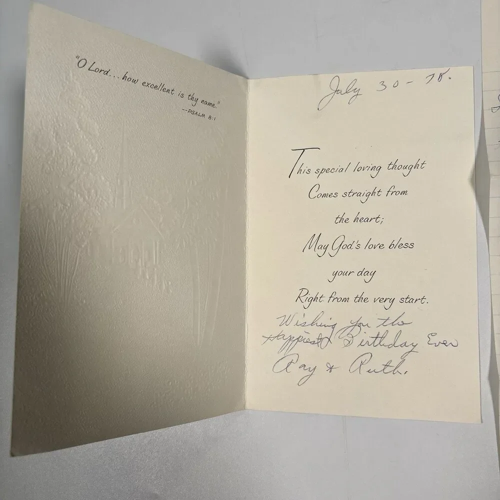 Vintage Religious Birthday Greeting Card Church Handwritten Letter Psalm 8:1 Art